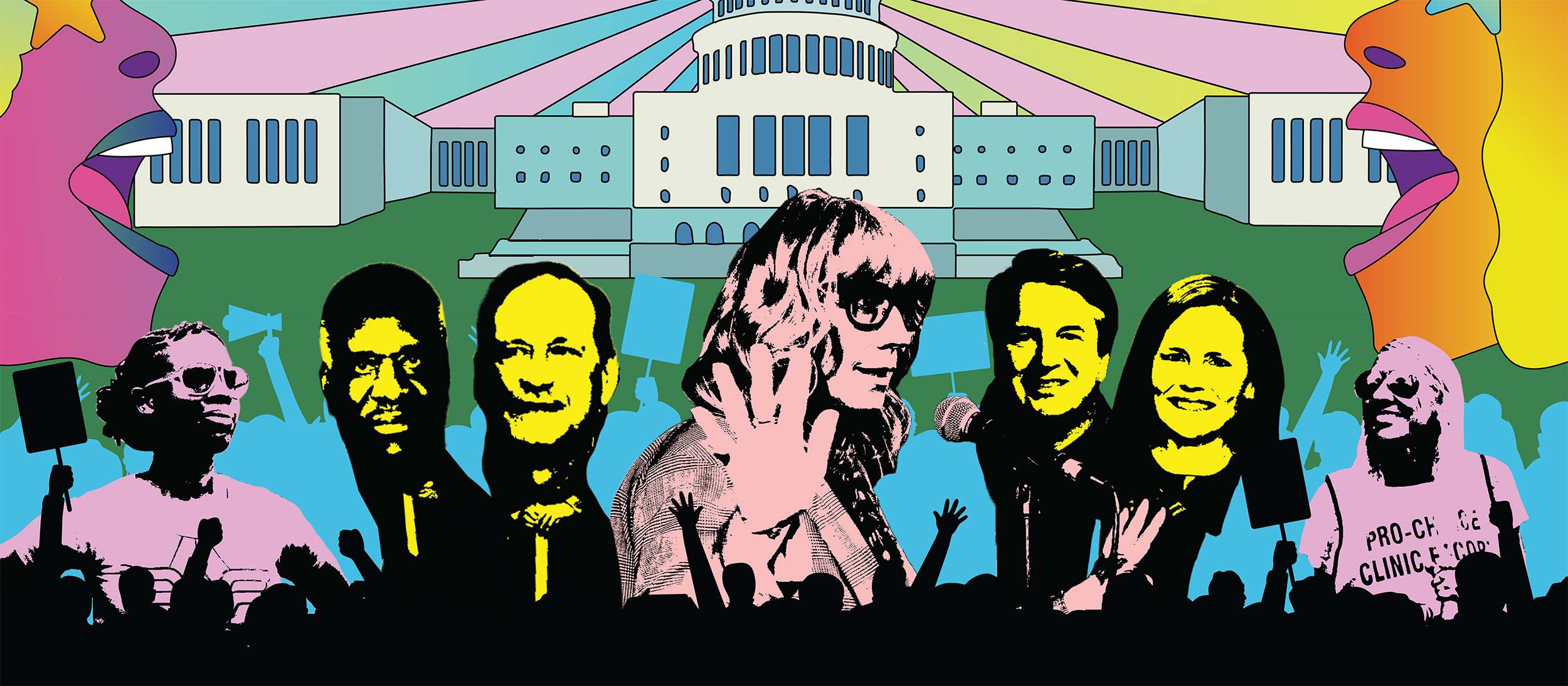 Comedian and activist, Lizz Winstead, in a mural with members of the Supreme Court.