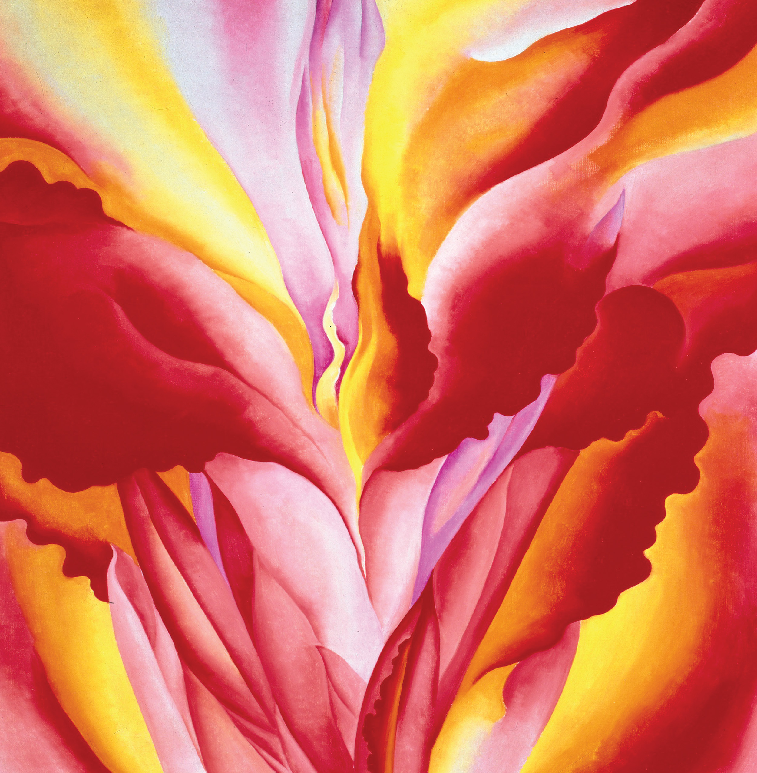 Red Canna painting of flower in shades of pink, yellow, orange, and red by Georgia O'Keeffe.