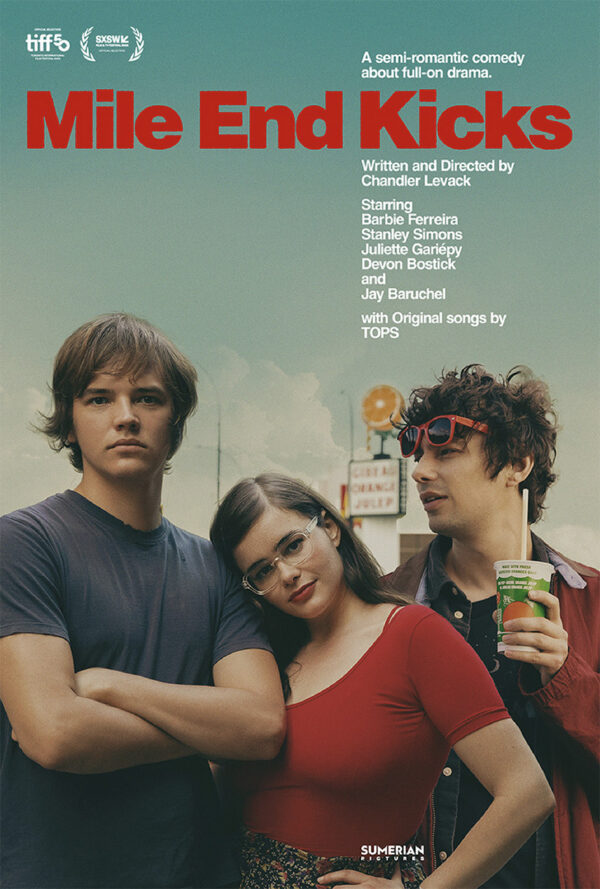 Movie poster for Mile End Kicks. Grace (Barbie Ferreira) stands between Chevy (Stanley Simons) and Archie (Devon Bostick).