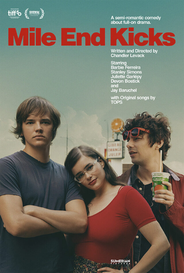 Movie poster for Mile End Kicks. Grace (Barbie Ferreira) stands between Chevy (Stanley Simons) and Archie (Devon Bostick).