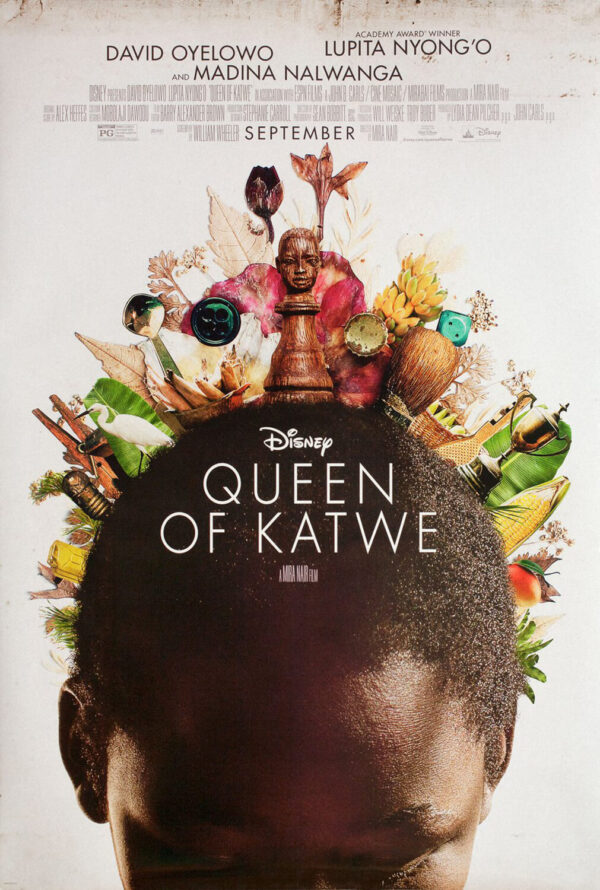 The bowing head of an African girl with flowers, a chess piece, a clothespin, a button, an ear of corn, and a trophy seem to be growing from her head.