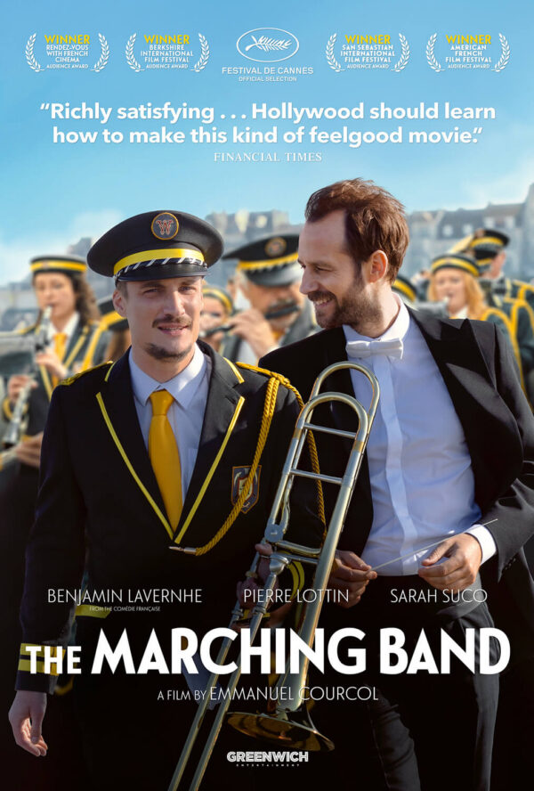 The Marching Band movie poster. A man in a tuxedo smiles at a man in a marching band uniform holding a trombone while other band members march behind them.