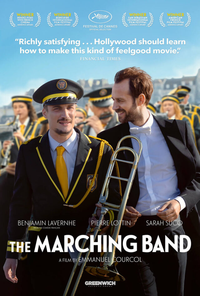 The Marching Band movie poster. A man in a tuxedo smiles at a man in a marching band uniform holding a trombone while other band members march behind them.