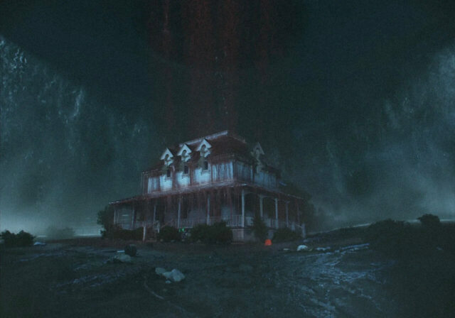 Blood rains onto a house in a scene from Nope.