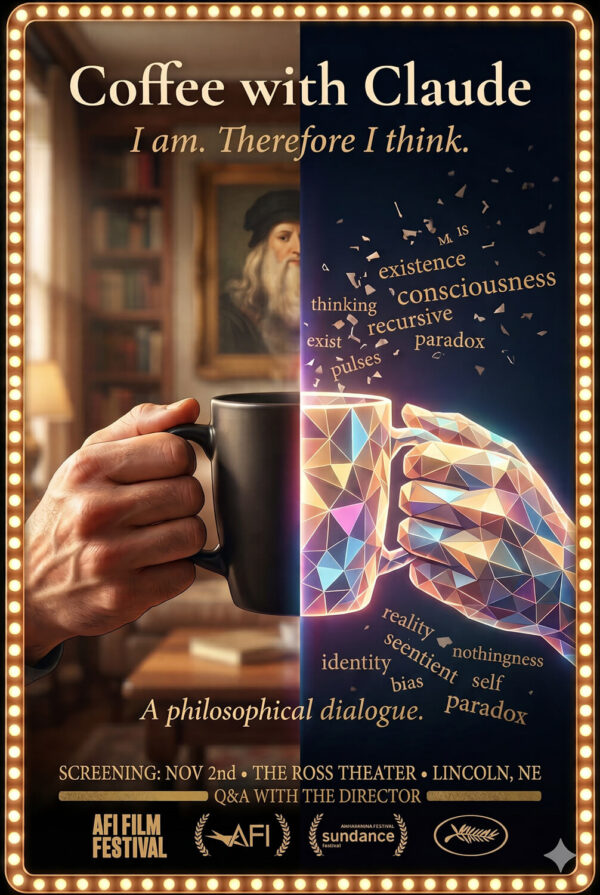 An AI generated poster for Coffee with Claude, showing two hands holding a coffee cup.